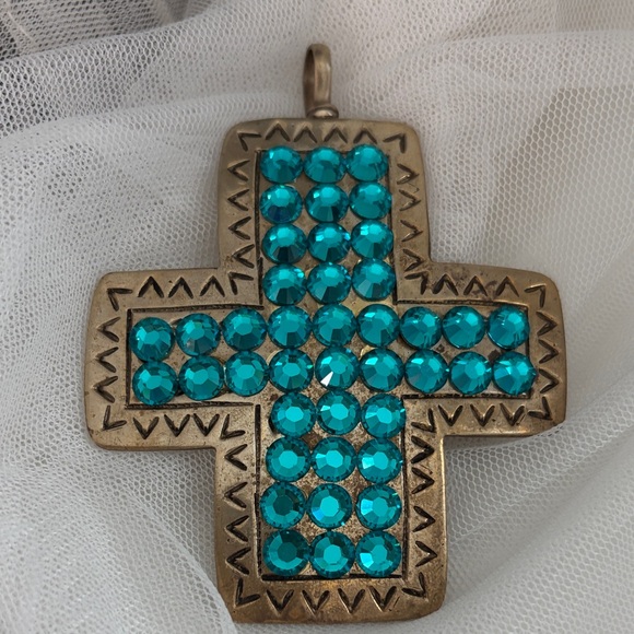 alpaca Jewelry - Turquoise and Brass Crystal Cross Pendant